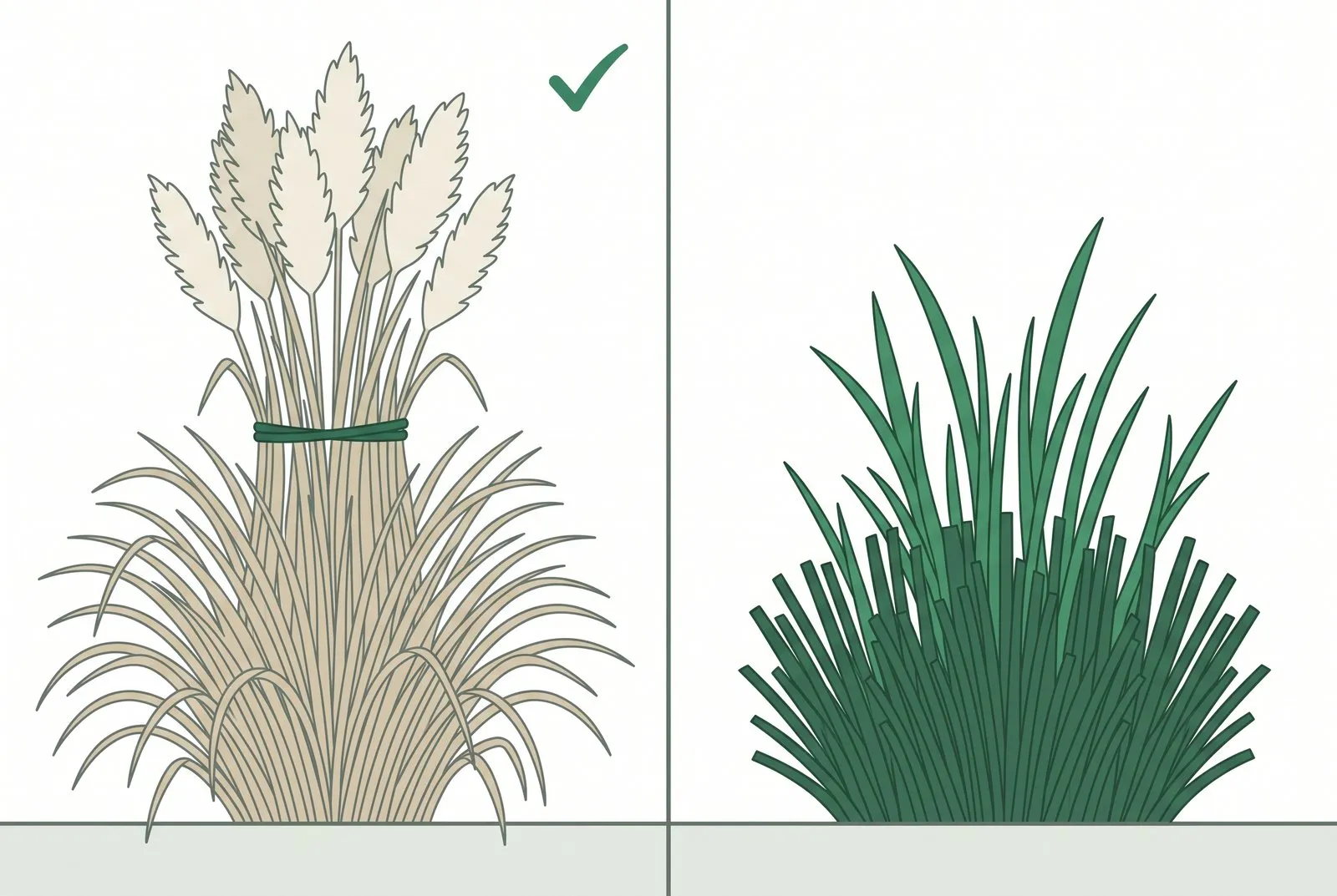 Schema: Links das ungeschnittene, zusammengebundene Gras im Winter, rechts der tief zurückgeschnittene Horst im Frühjahr.